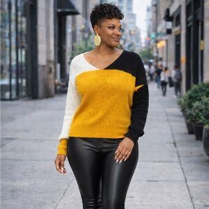 Colorblock V-Neck Sweater - Black, Yellow, and White